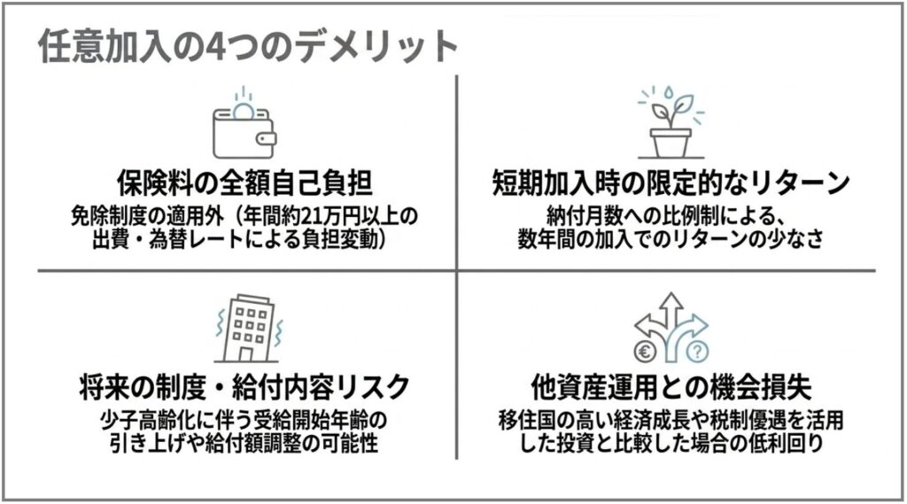 任意加入の4つのデメリット
1.保険料の全額自己負担
2.短期加入時の限定的なリターン
3.将来の制度・給付内容リスク
4.他の資産運用との機会損失